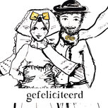 Wenskaart Zeeuws meisje &amp; man in winterse klederdracht &ndash; zwart-wit &ndash; &ldquo;Gefeliciteerd&rdquo;