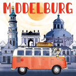 Ansichtkaart Zeeland &ndash; Middelburg skyline vintage bus. Tekst: Middelburg Zeeuws meisje in Vintage bus door Middelburg me