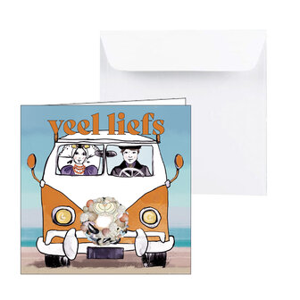 Zeeuwse wenskaart met vintage bus, schelpen en Zeeuws stel &ndash; tekst Veel Liefs