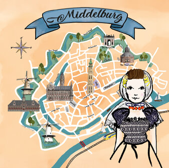 Ansichtkaart Zeeland &ndash; Middelburg plattegrond Tekst:  Middelburg Zeeuws meisje bij de plattegrond van Middelburg  B2B