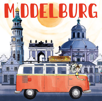 Ansichtkaart Zeeland &ndash; Middelburg skyline vintage bus. Tekst: Middelburg Zeeuws meisje in Vintage bus door Middelburg me
