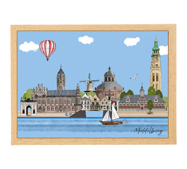 A3 Poster Skyline Middelburg in Lijst &ndash; Handgetekende Wanddecoratie Zeeland