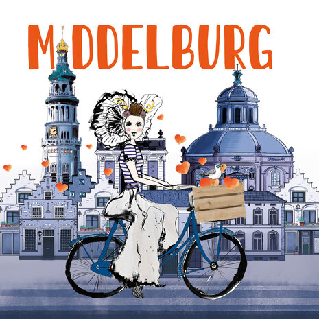 Ansichtkaart Zeeland &ndash; Middelburg skyline. Tekst: Middelburg Zeeuws meisje op de fiets door Middelburg met hartjes