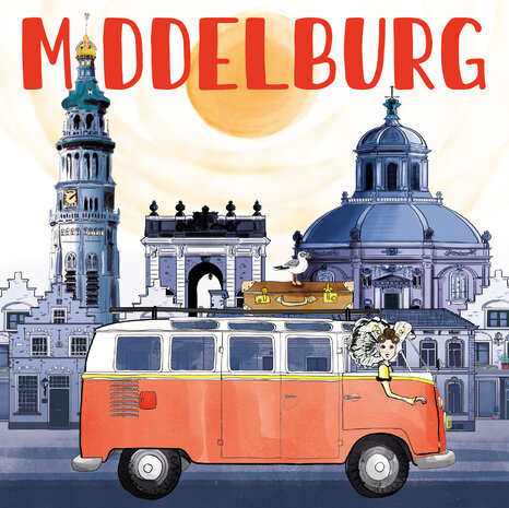 Ansichtkaart Zeeland &ndash; Middelburg skyline vintage bus. Tekst: Middelburg Zeeuws meisje in Vintage bus door Middelburg me