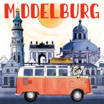 Ansichtkaart Zeeland – Middelburg skyline vintage bus. Tekst: Middelburg Zeeuws meisje in Vintage bus door Middelburg me